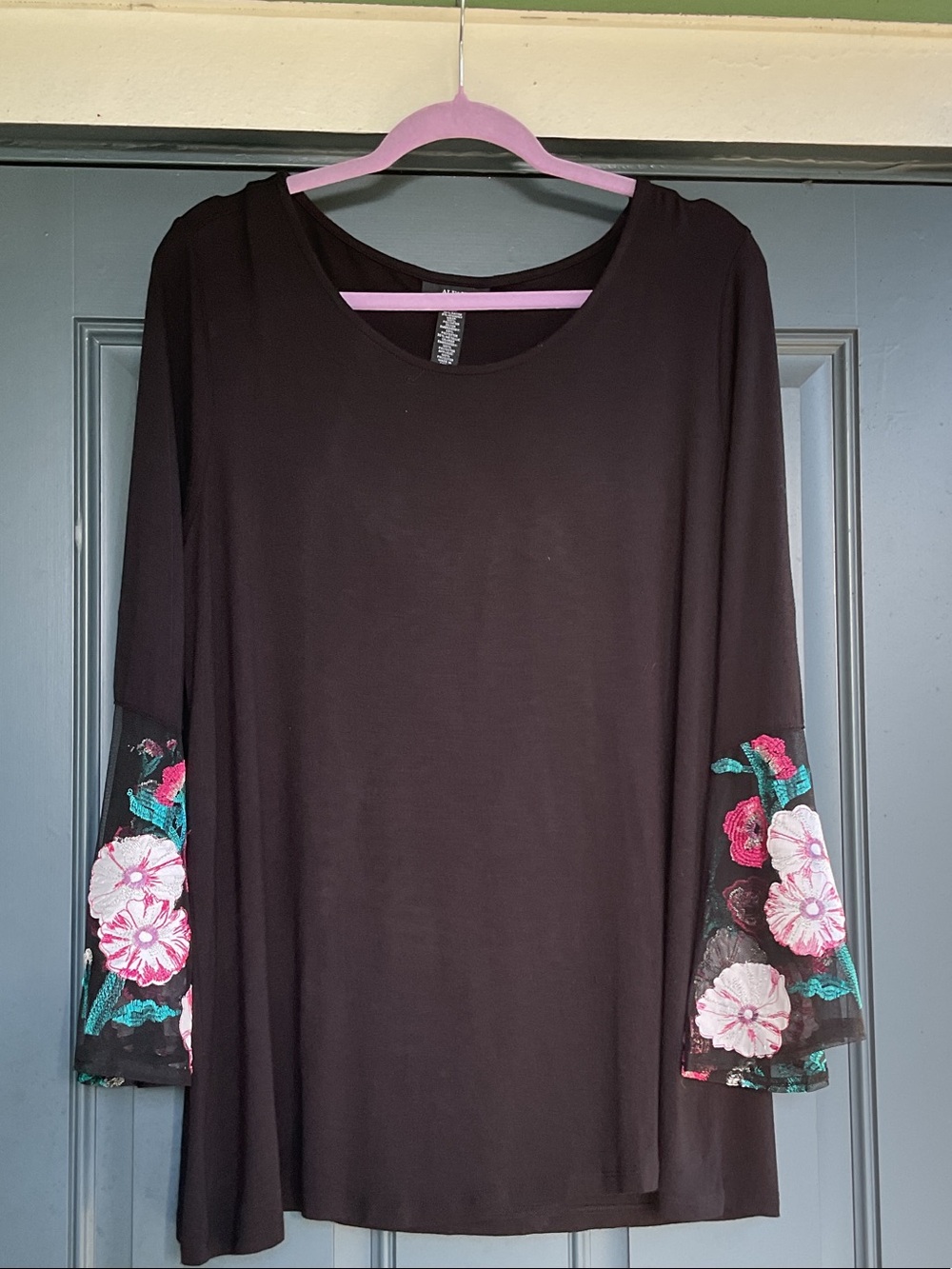 Alfani Black Long Sleeve Top with Pink Floral Embroidered Sleeves, Size L